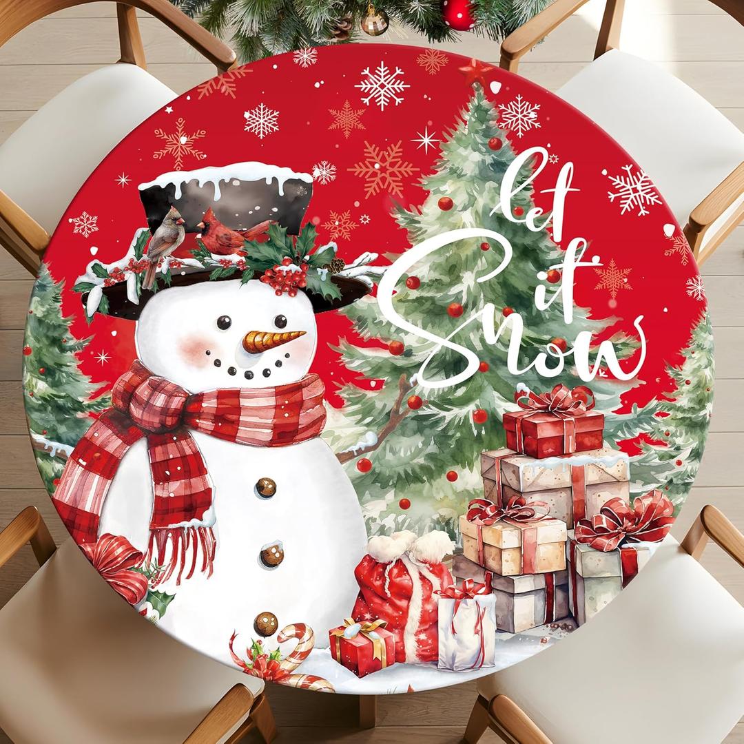 Casuru Christmas Round Fitted Tablecloth with Elastic Snowman Table Cover Waterproof Let It Snow Christmas Decor for Patio Holiday Kitchen Party Fits to 48"-52" Diameter Round Table