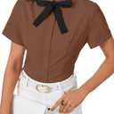 Rooscier Women's Collared Bow Tie Shirt Button Down Short Sleeve Elegant Work Business Blouse Top (Brown, S)