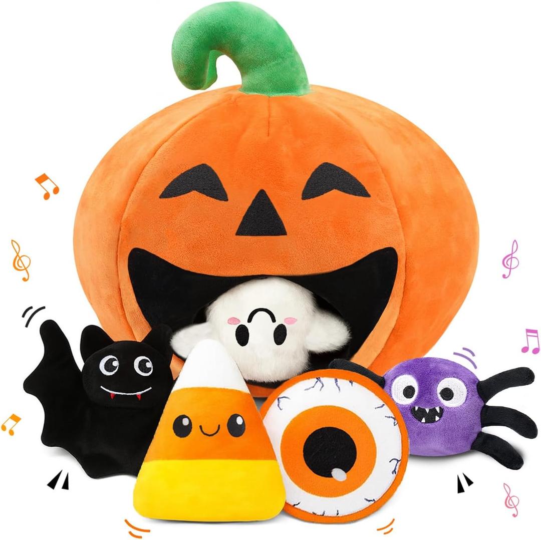 My First Halloween Baby Toys, Cute Pumpkin Stuffed Animal Decor with Ghost Spider Bat Candy Corn Plush Toys and Small Mirror, Halloween Plush Gifts Basket Party Favors for Kids Babies Toddlers (Pumpkin Plush Playset2)