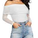 GLEENEAT Women's Off The Shoulder Long Sleeve Bodysuit Sexy Slimming Body Suit Tops Sheer Mesh Ruched Fall Outfits 2026 White M