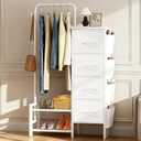 Dresser with Hanging Rack - 52" Tall Clothes Rack with Drawers, 4 Drawers & 4 Side Bags, Fabric Chest of Drawers with with Bottom Shelves, Kids Dresser for Bedroom, Living Room-White