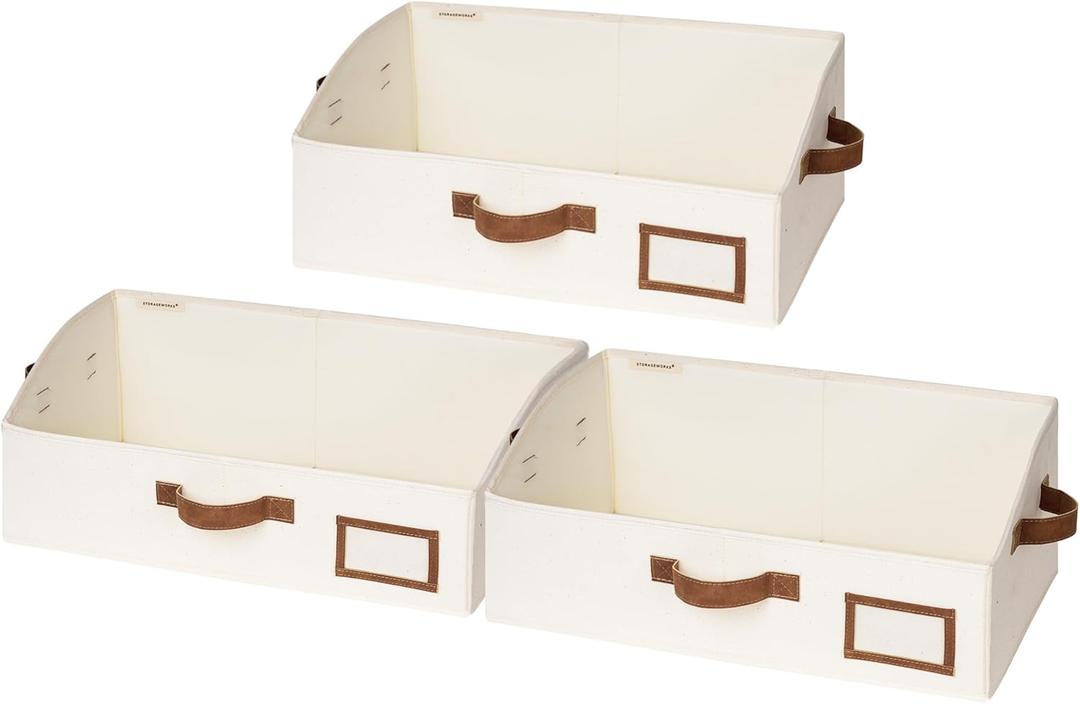 StorageWorks Closet Storage Bins, Trapezoid Organizer Box for Shelves, Fabric Clothes Bin, Foldable Organizing Baskets with Handles, Jumbo, Ivory White, 3-Pack