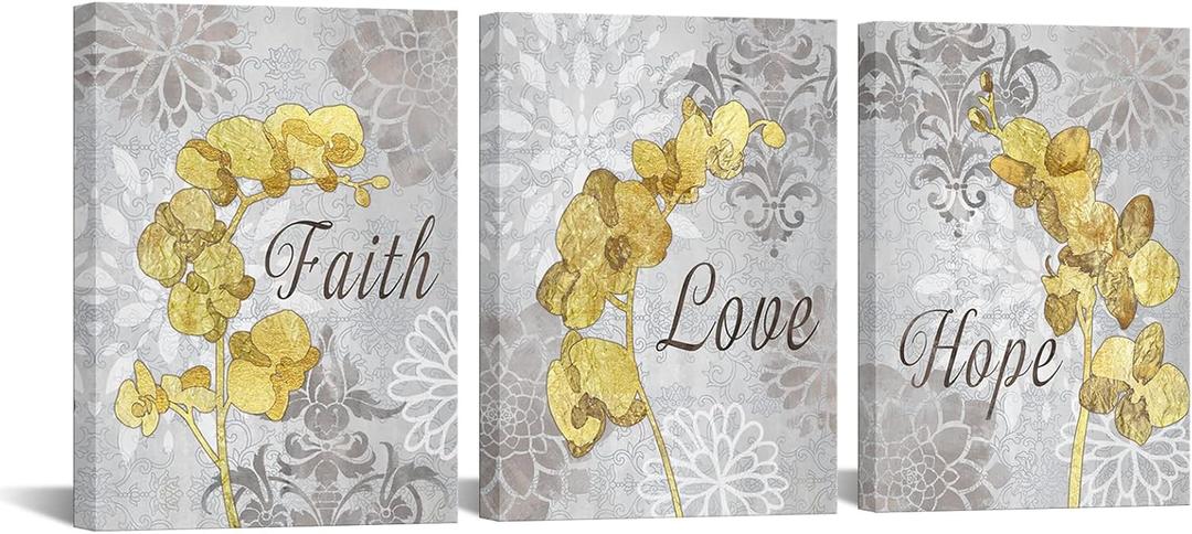 RnnJoile Yellow Bathroom Decor Wall Art Yellow and Gray Canvas Pictures Prints with Orchid Flowers Faith Love Hope Bedroom Artwork