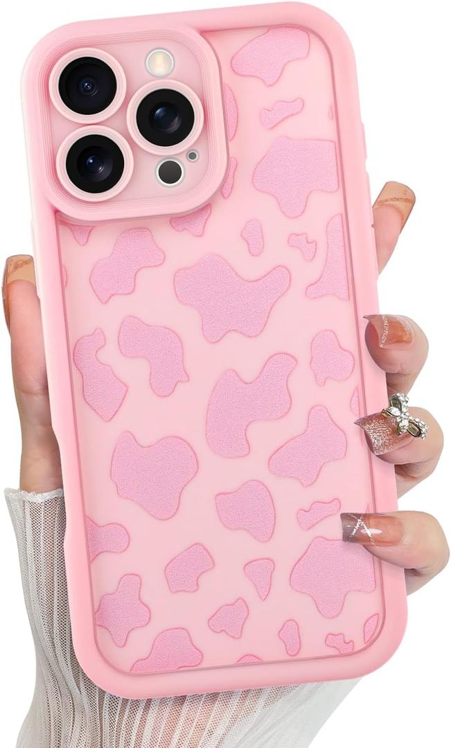 KANGHAR Compatible with iPhone 16 Pro Max Case, Silicone Cow Print Cute Pattern, Camera Protection Shockproof Phone Cover for Girls Women -Pink