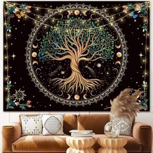 Moon Phase Tree of Life Tapestry Nature Flower Plant Butterfly Tapestries Boho Mandala Spiritual Tapestry Aesthetic Wall Hanging for Home Decor Bedroom Living Room Dorm Decor (70.87" x 90.55", Blue)
