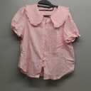Tankaneo Womens Puff Sleeve Shirts Peter Pan Collar Button Down Cotton Blouse Casual Summer Textured Tops (Medium, Light Pink)