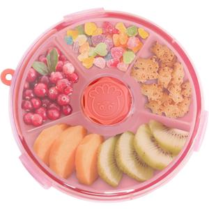 KingKam Kids Snack Spinner Containers, Reusable Toddler Spin Snack Container Box with 4 Compartments & Lid for Travel On-The-Go Snacking, BPA Free | No Spill | Dishwasher Safe | Strap and Sticker