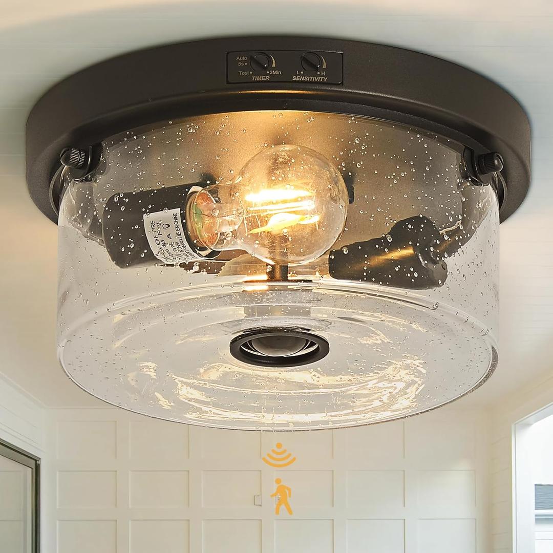 Yisuro Motion Sensor Outdoor Ceiling Light, Flush Mount Porch Exterior Ceiling Light Fixture 3 Modes Squares for Patio,Porch,Garage (Black-Round)