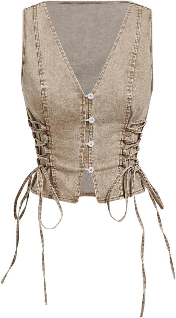 Floerns Women's Sleeveless V Neck Button Crop Vest Lace Up Front Vintage Denim Vest (Medium, Khaki)