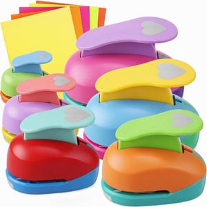 CHENGU 6 Pcs Heart Punch Set 3in/2in/1.5in/1in/0.6in/0.3in Scrapbook Hole Punchers Crafting with 10 Sticker Paper Heart Cutter Scrapbook for Office Supplies DIY Albums Photos(Multicolor)