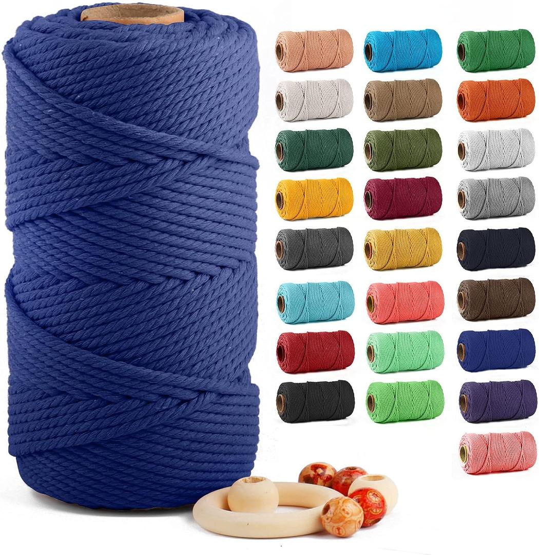 Macrame Cotton Cord 6mm x 100m, ZUEXT 100% Natural Handmade Colorful 4 Strands Twisted Braided Cotton Rope for Wall Hanging Plant Hangers Gift Wrapping Tapestry DIY Crafts, Sapphire Blue