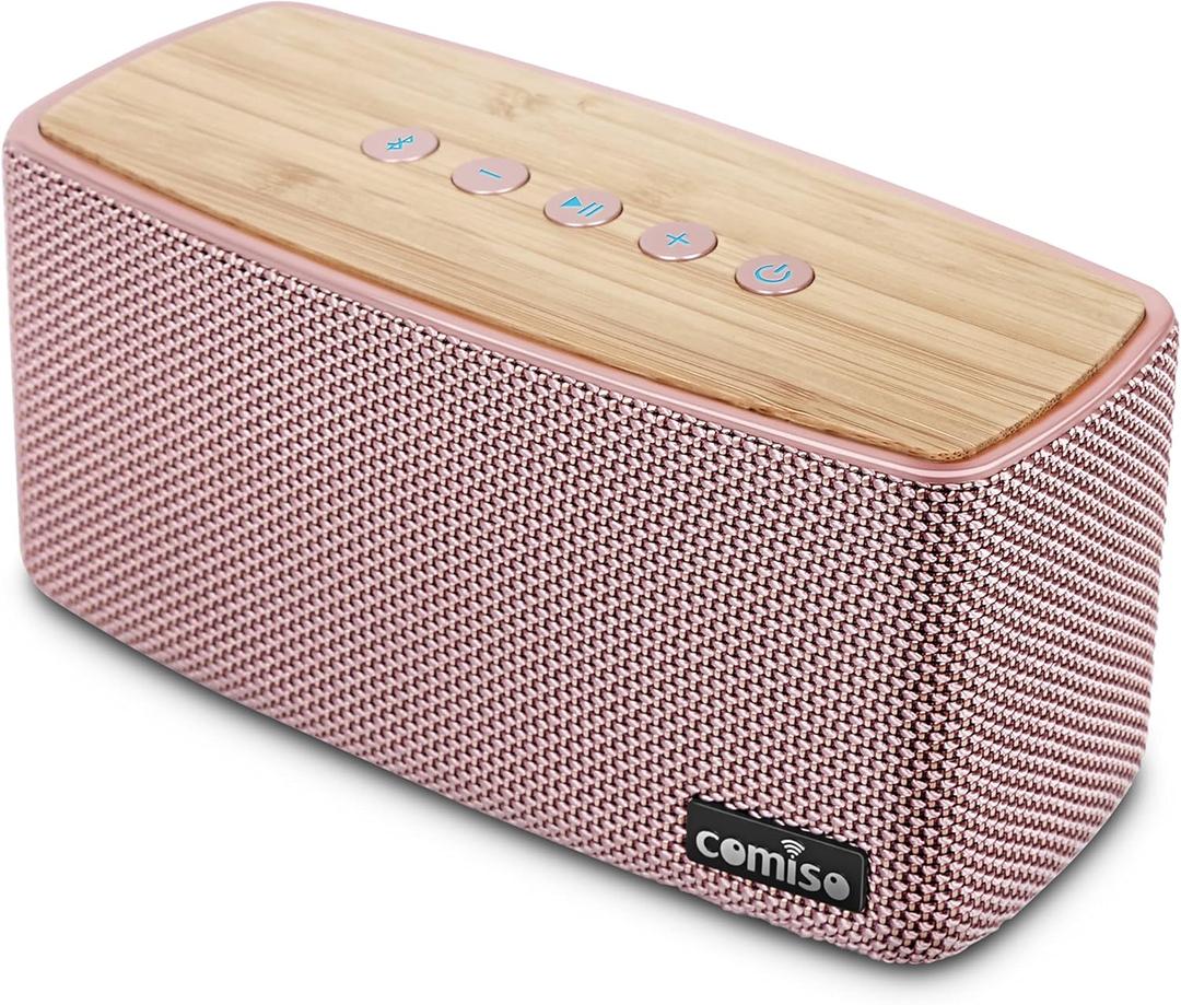 comiso Bluetooth Speakers, Portable Speaker 5.0 with 20W Stereo Sound, Wireless Stereo Pairing, Wood Bluetooth Audio with Subwoofer, 24H Playtime, Hands-Free, Great for Office, Home, Outdoor(Pink)