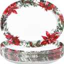 Grencian 50 PCS Winter Oval Paper Plates 10" x 12" Large Heavy Duty Poinsettia Flower Plates Disposable Poinsettia Pine Platter Tableware for Xmas Wedding Birthday Christmas Party Supplies