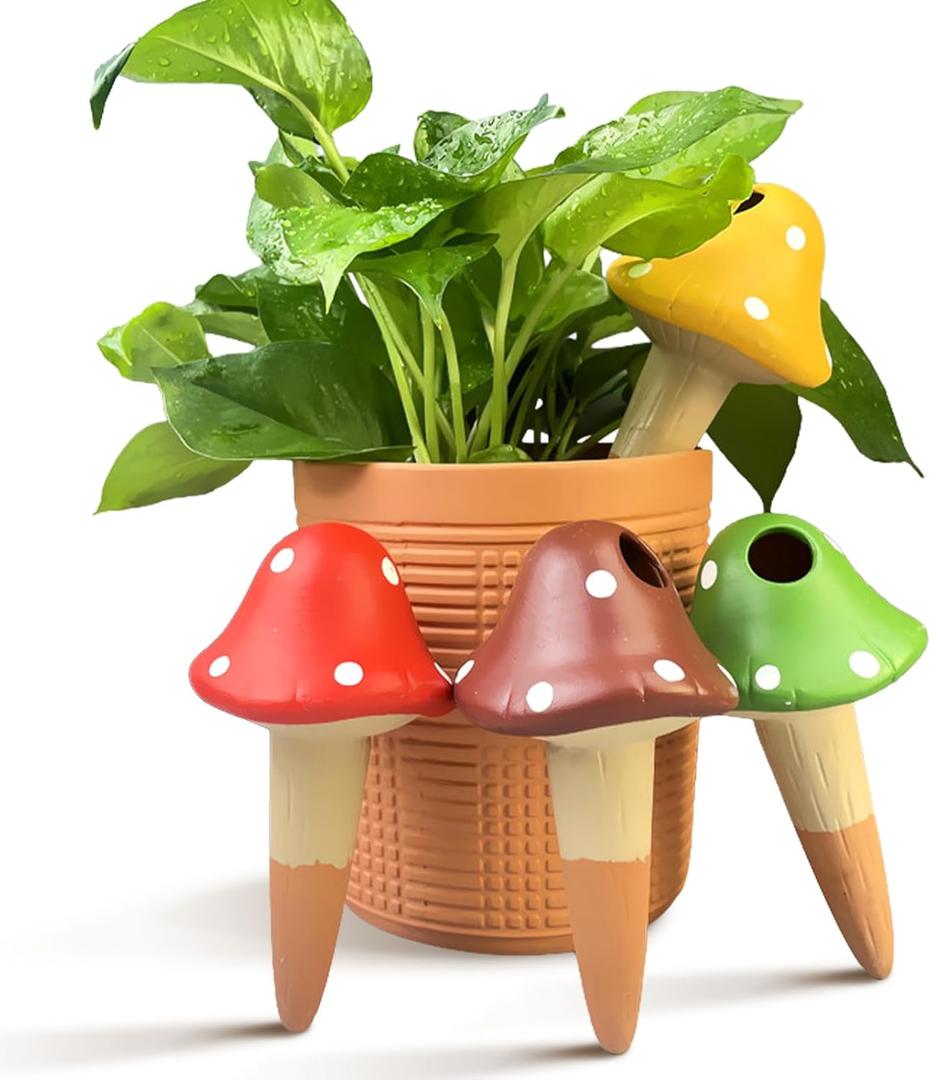FirstGift 4 Pack Plant Self-Watering Stakes Terracotta Automatic Plant Waterer Devices Watering Globes Self-Watering Clay Planters Devices Perfect for Vacation Garden Plant Care (Mushroom)