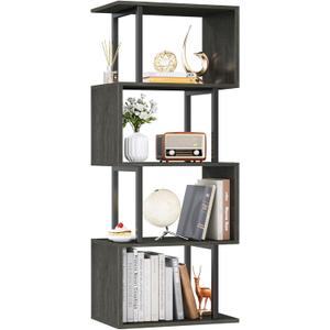 Furologee Geometric Bookshelf 5 Tier Bookcase, Industrial S-Shaped Display Storage Shelf for Small Space, Tall Metal Wood Decorative Standing Shelves for Bedroom, Living Room, Office, Black Oak (Light Black Oak)