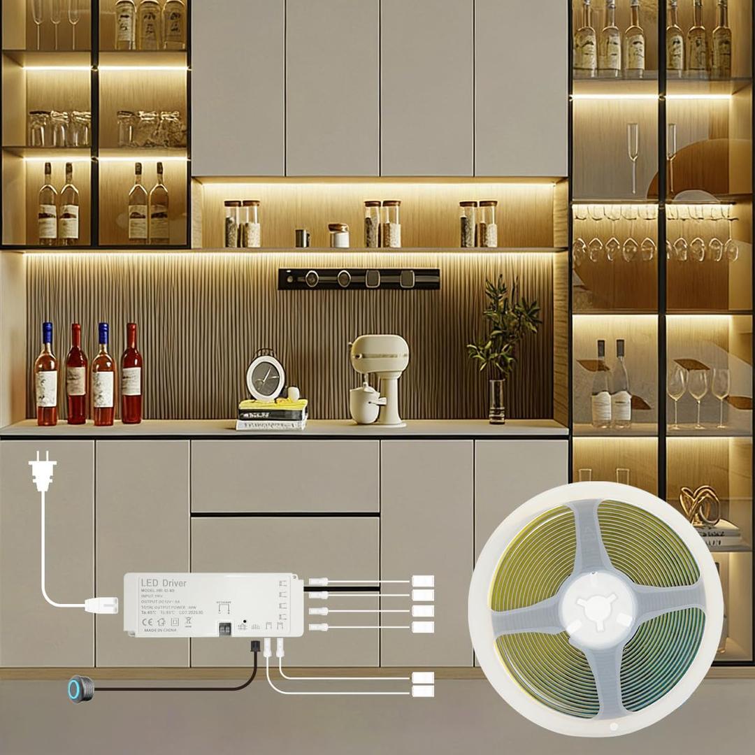HAMRVL Shelf Lights 12V COB LED Strip Lights, 16.4ft 3000k Plug-in DIY Cut to Size Warm White LED Strip Lights, Dimmable Under Shelf Lighting for Book Shelf, Display Case, Wardrobes, Cabinets, Pantry