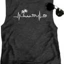 Women's Palm Tree Heartbeat Graphic Tank Tops Summer Casual Sleeveless Loose Fit Workout Shirts Beach Vacation Tops(Black1-S) (S)