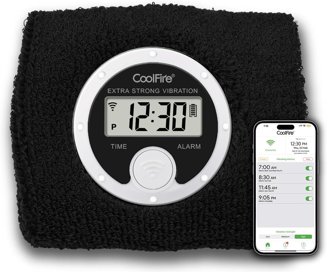 Coolfire Vibrating Alarm Clock Wristband, Silent Wake-Up Watch for Heavy Sleepers, Wont Disturb Partner, Couples/Roommates, Deaf/Hearing Impaired, 4 Alarms, Bluetooth App, Rechargeable BK (Black)
