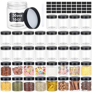 36PCS16OZ Plastic Jars with Screw On Lids, Pen and Labels Refillable Empty Round Slime Cosmetics Containers for Storing Dry Food, Makeup, Slime, Honey Jam, Cream, Butter, Lotion (matte black)