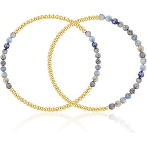 Kainier Gold Beaded Bracelets for Women 2Pairs 14K Gold Plated Stretch Bracelet Set Stackable Tarnish Dainty Natural Stone Bead Bracelets Gift (Aquamarine)