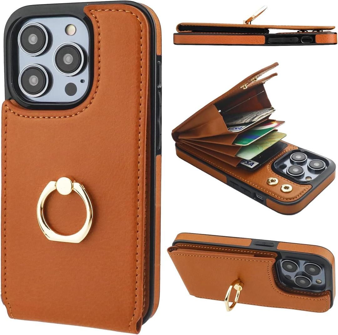 Folosu Compatible with iPhone 14 Pro Case Wallet with Card Holder, 360Rotation Finger Ring Holder Kickstand, RFID Blocking Leather Protective Double Buttons Shockproof Cover 6.1 Inch Brown