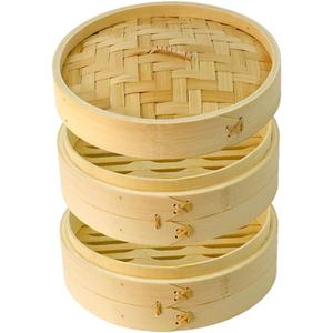 Bamboo Steamer Basket - Traditional Dumpling Steamer with Lid for Cooking Vegetables, Bao Buns, Fish & Meat (4" Two Tier)