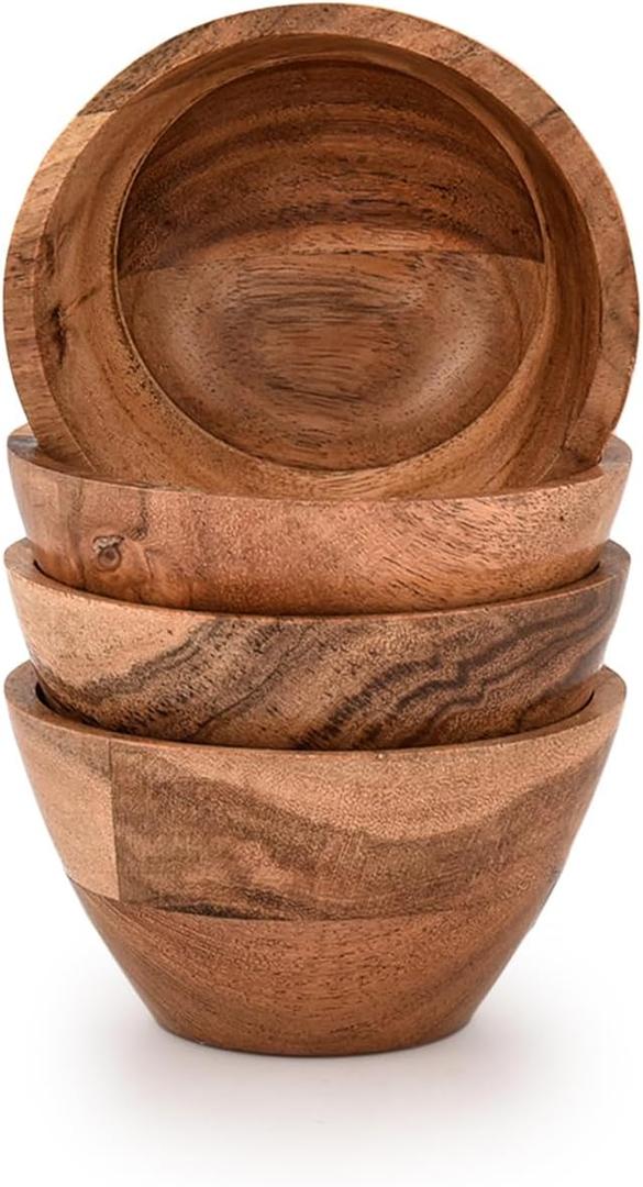 Salad Bowl Acacia Wood Set of 4 Individual Wood Serving Bowls for Salad, Fruit, Snacks, Nuts for Kitchen or Dining Table (Set of 4) (3.5" X 3. 5" X 2")