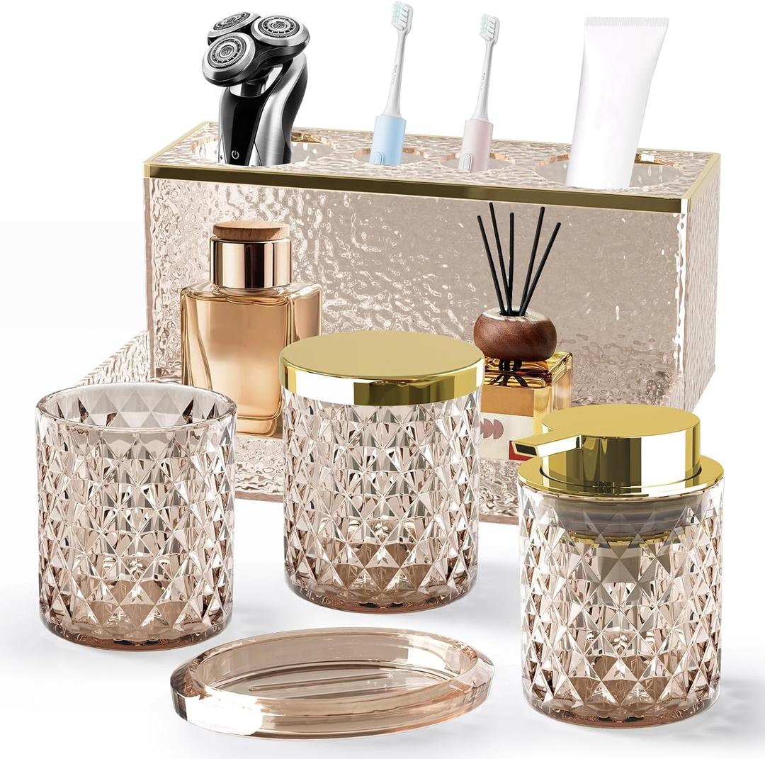 Glass Bathroom Accessories Set 5Pcs Crystal - Brown Foaming Soap Dispenser, Soap Dish, Cup, Acrylic Toothbrush Holder with Tray Organizer, Cotton Swab Jar, Bathroom Counter Set Sink Decor