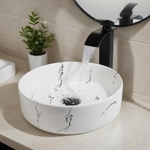 14 Inch Round Ceramic Bathroom Vessel Sink - Marbling Porcelain Art Sink Bowl with Faucet and Drain Combo, Small Above Counter Vessel Sink for Bathroom