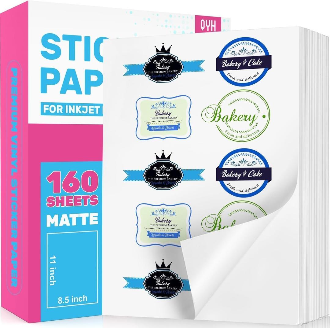QYH Printable Sticker Paper for Printer - Matte Waterproof White Vinyl, 160 Sheets 8.5x11in Bulk Stickers for Small Business/Home, Compatible with Cricut/Silhouette & Inkjet/Laser Printers