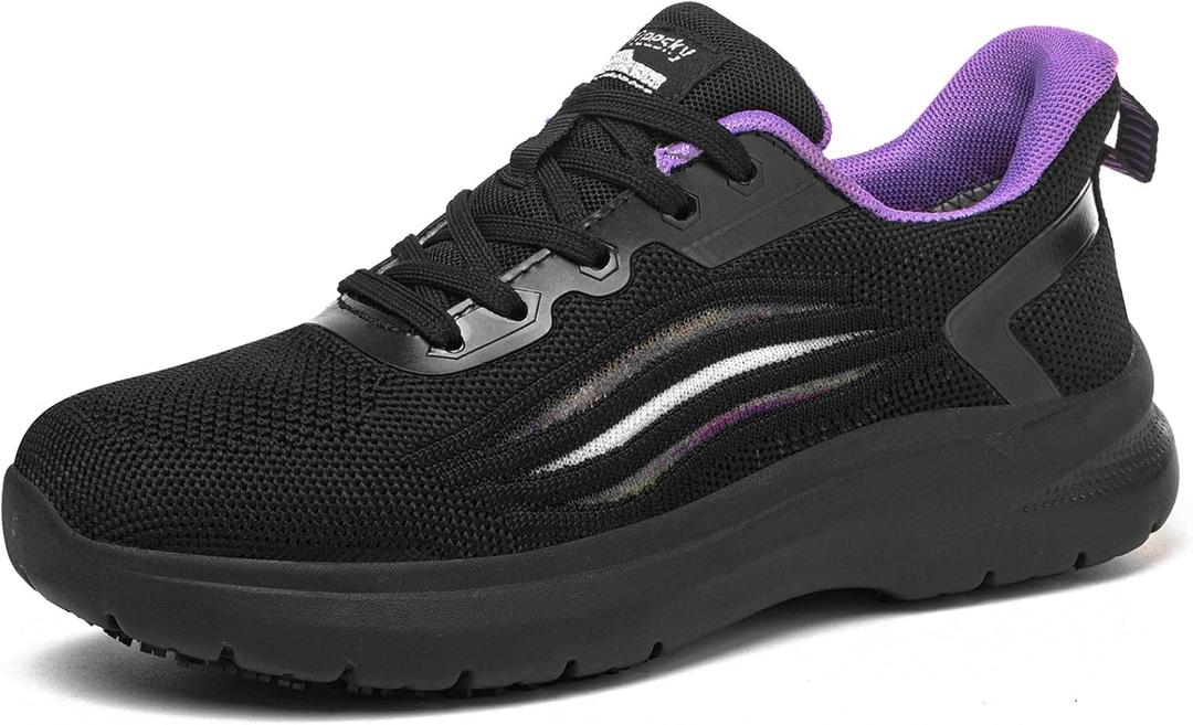 Treesky Non Slip Work Shoes for Women in Food Service - Slip Resistant, Comfortable & Lightweight Sneakers, Suitable for Restaurant, Kitchen & Nursing Crews (5, Black Purple)