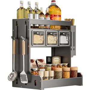 Kitchen Seasoning Shelf Spice Rack Wall Mount with Hooks and Utensil Holder Hanging Seasoning Box Shelf Seasoning Jar Organizer for Sugar Salt Pepper Oil Bottle (3 Boxes)