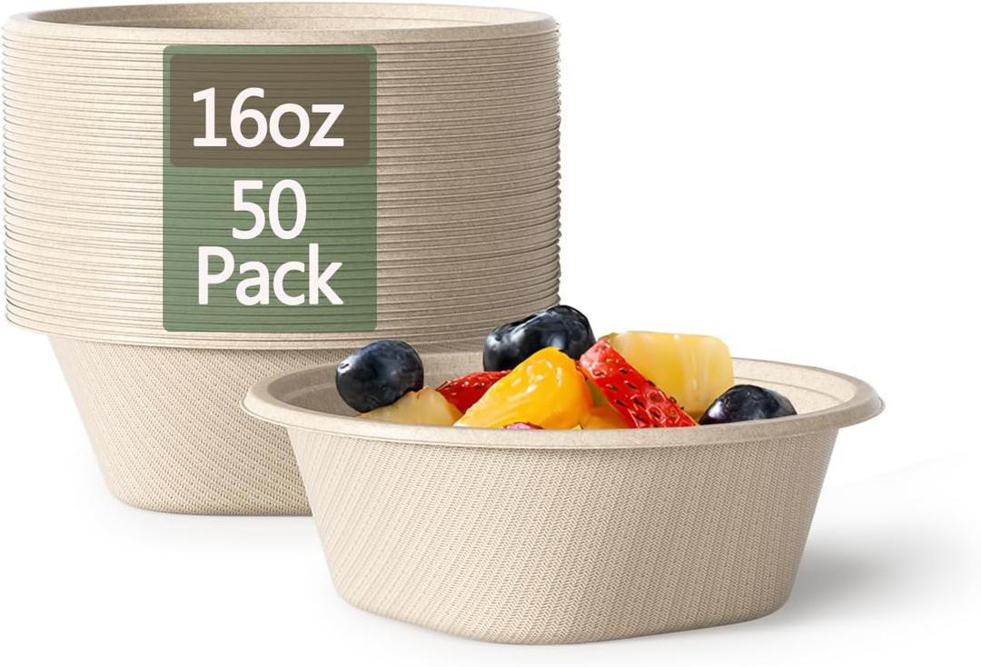 Homestockplus 16 Oz Disposable Bowls Heavy Duty Small Paper Bowls made of 100% Compostable Heavy-duty Quality Natural Bagasse Biodegradable Bowls for Ice Cream, Dessert And Chili ect.[50 Pack]