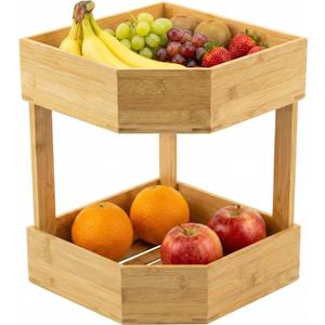 Yerliker 2 Tier Bamboo Corner Shelf Kitchen Fruit Cabinet Organizer Bamboo Corner Fruit Basket for Kitchen Countertop Space Saving Rack Counter Pantry Storage for Vegetables Spice Bottles Plates