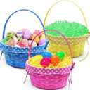 3 Pack Bamboo Easter Baskets with Polka Dots Liner, 3 Colors Woven Easter Egg Hunt Baksets with Handle, Kids Party Favors Supplies for Picnic Preschool Classroom Prizes Spring Decor Gifts