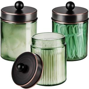3 Pack Apothecary Jar Canisters Bathroom Vanity Organizer - Qtip Holder Storage Organizer Set Countertop Canister with Stainless Steel Lids &Cute Stickers for Qtips,Cotton Swabs,Makeup Sponges,Floss (Jar Sage Green/Lid Oil Rubbed Bronze)