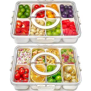 Mfacoy Snackle Box Container, 2 Pack Divided Serving Tray with Lid and Handle, Snack Box Charcuterie Container for Portable Snack Platters, Clear Organizer for Candy, Fruits, Travel, Party, Picnic