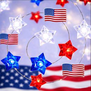 4th of July String Lights Decorations,10 Ft 30 LED Patriotic Decor Red White Blue Star & American Flag Lighted Garland, Independence Day Memorial Day Veterans Day Indoor Outdoor Front Door Decoration