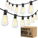 Brightever Outdoor String Lights 200FT Waterproof, Patio String Lights for Outside with 100+4 ST38 Shatterproof LED Filament Bulbs, Dimmable Hanging Lights for Christmas, Party, Cafe (2-Pack 100FT)