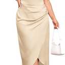 Plus Size Satin Dress - Spaghetti Strap Ruched Cowl Neck Silk Wrap Party Cami Dresses (XX-Large, Champagne)