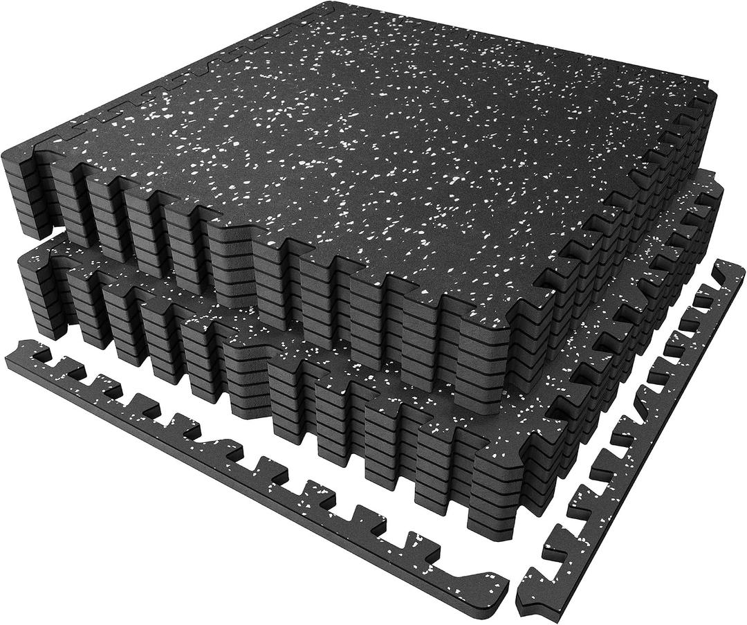 PRAISUN 0.56" Rubber Top Gym Flooring, Heavy Duty Interlocking Gym Mats for Home Gym, Non-Slip Workout Mat, 24 x 24in Large Gym Floor Mat, Protect Floors from Weights & Equipment, 48 Sq Ft, Black/Grey