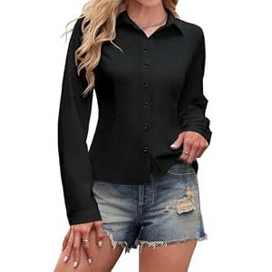 Gleeivy Striped Button Down Shirts for Women Dress Shirt Slim Fit Long Sleeve Casual Collared Work Blouse Y2K Fall Outfits Black, 2XL