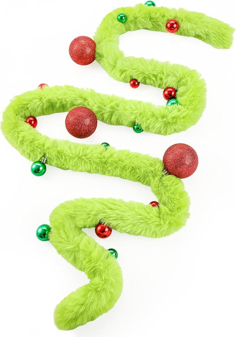 6 Feet Christmas Garland Decorations Xmas Lime Green Faux Fur Ribbon Trim with Red Green Balls Xmas Tree Winding Furry Stripe for Mantel Fireplace Decoration Indoor Outdoor Table Decor