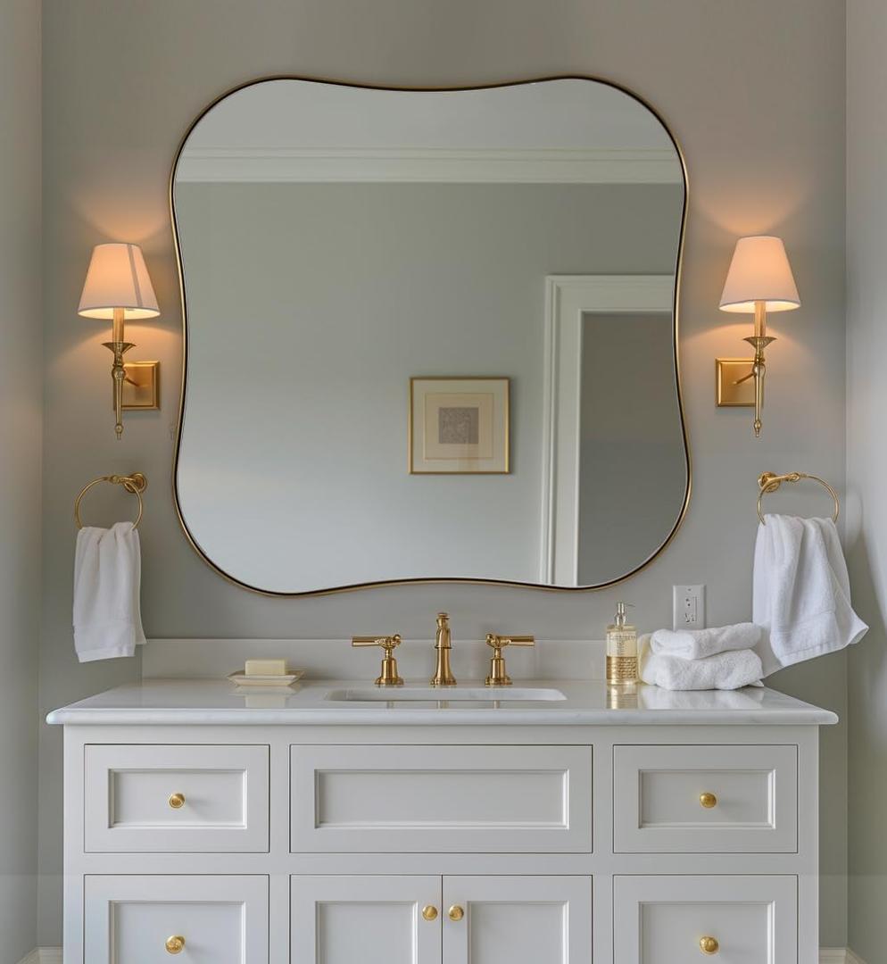 ANDY STAR 30x30'' Gold Bathroom Mirror for Over Sinks, Abrstract Square Scalloped Mirrors Rounded Corner Notched Edges in 1 Antirust Stainless Steel Metal Frame Wall Mounted for Home Decor