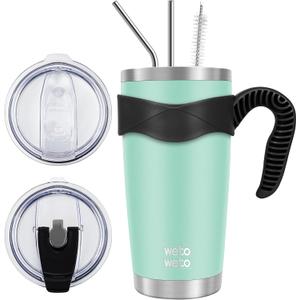 WETOWETO 20oz Tumbler with 2 lids and 2 straws, Stainless Steel Vacuum Insulated Water Coffee Tumbler Cup with Handle, Double Wall Powder Coated Travel Mug Thermal Cup (Light Green, 1 Pack)