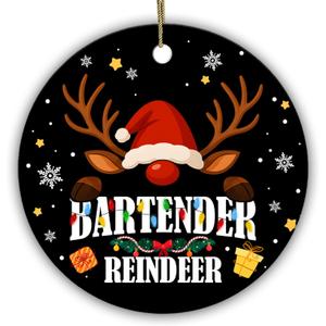 Funny Bartender Christmas Ornament  Reindeer with Santa Hat & Lights  I Am the Bartender Reindeer  Gift for Mixologist, Bar Staff  2.9 Ceramic Tree Decoration for Men & Women