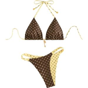 BEAUDRM Women's 2 Piece Polka Dots Bikini Set Halter String High Cut Thong Reversible Bathing Suits Resort Wear, XS