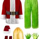 Christmas Green Santa Claus Costume Funny Santa Suit for Adult Men Cosplay Halloween Costume Outfit (Large)