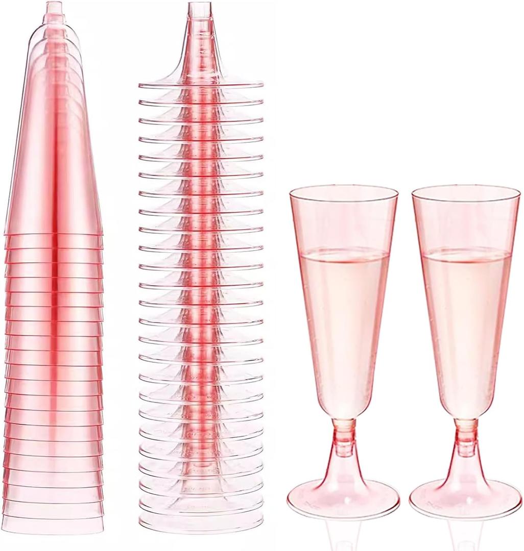 Jodsen 20 Pcs Clear Champagne Flutes 5 OZ Plastic Glitter Champagne Flutes Reusable Stemmed Party Wine Cups Crystal Wine Cocktail Cups for Garden Wedding Birthday Anniversary Party (Pink A)