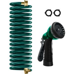 Coil Hose 15FT EVA Coil Garden Hose With 3/4'' Brass Connector Coiled Water Hose Lightweight And No Kink Includes 7 Patterns Spray Nozzle For Outdoors Lawn Watering Car Washing, Green
